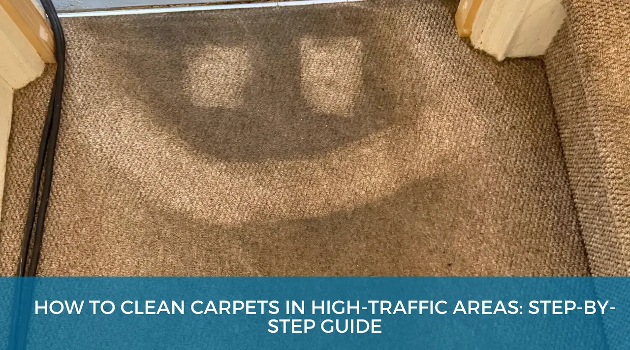 Step-by-step carpet cleaning process for high-traffic areas showing deep cleaning techniques to remove embedded dirt and restore fibres